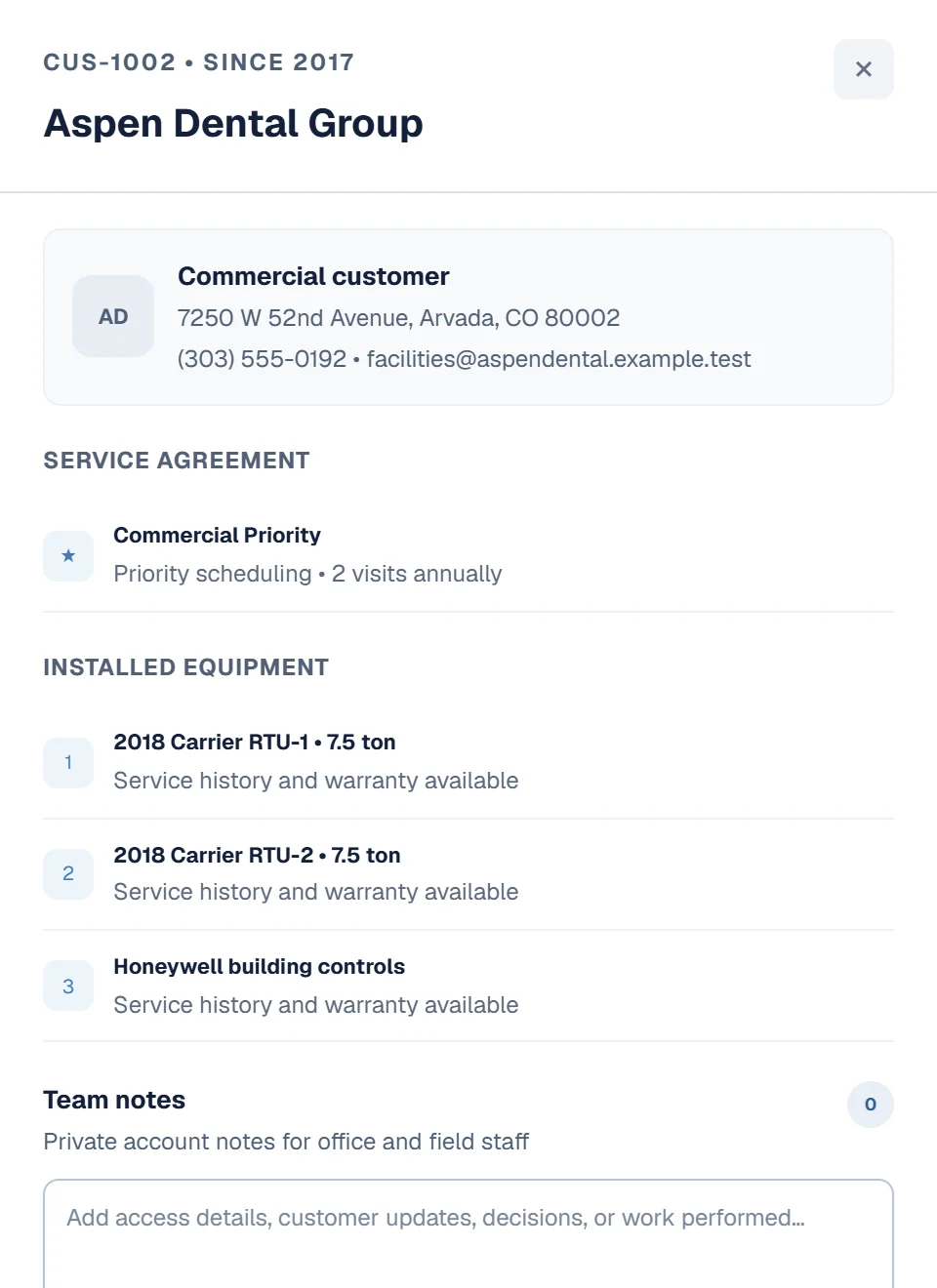A commercial customer's details: contact information, service agreement, installed rooftop units and team notes.